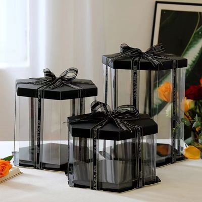 6 각형 투명한 케이크 상자 이중 레이어는 바비 생일 축하 케이크 패키징을 올렸습니다